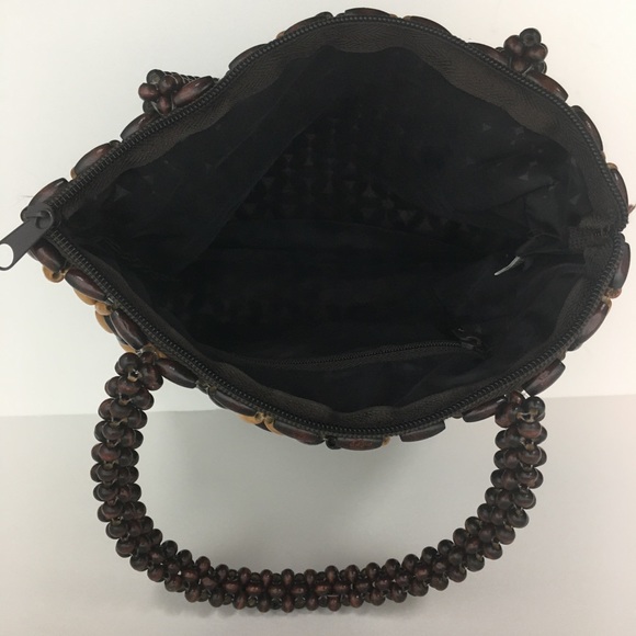 Brown Natural Stained Wooden Bead Bag Purse Boho Retro - Picture 6 of 9